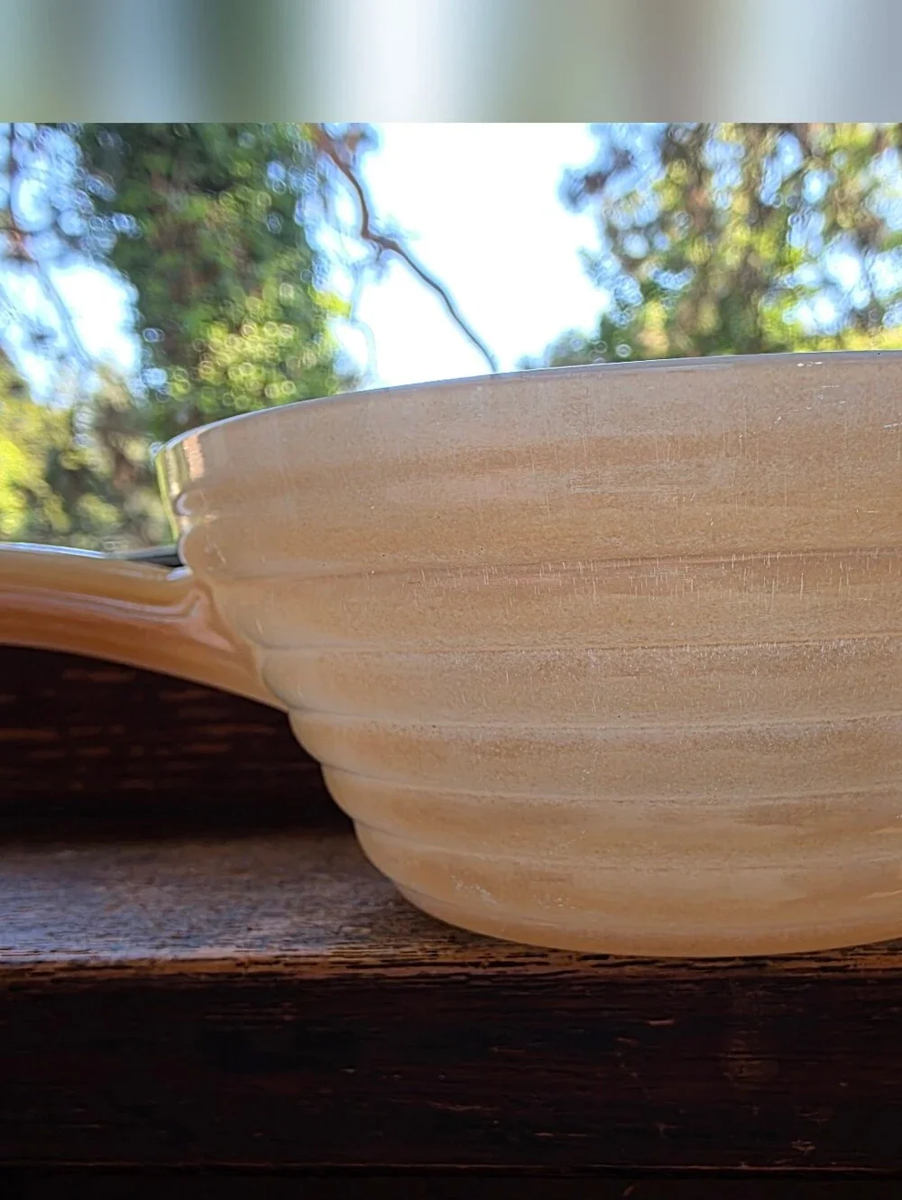 Fire King Vintage Peach Lustre Chili Bowl with Handle Beehive Ribbed Iridescent